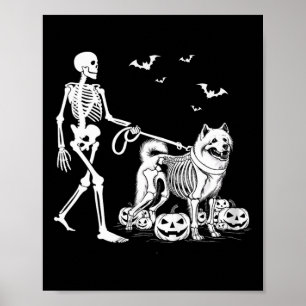 Poster Squelette d'Halloween marchant Chien Samoyé
