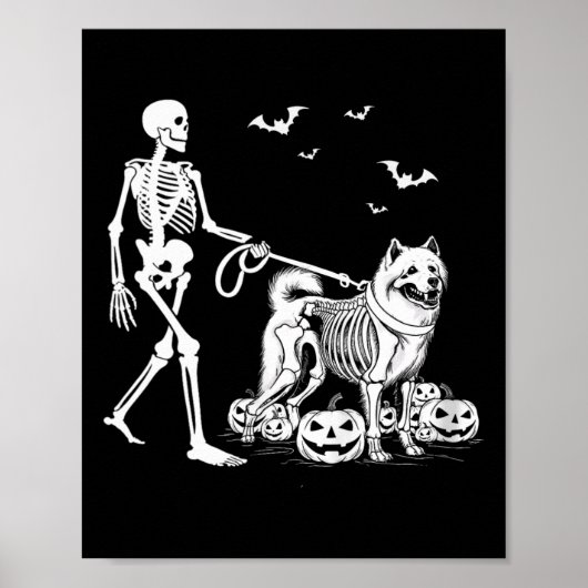 Poster Squelette d'Halloween marchant Chien Samoyé (Devant)