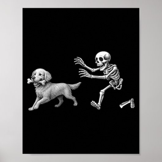 Poster Squelette drôle poursuivant Retriever doré Hallowe (Devant)