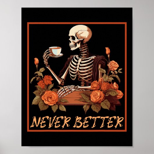 Poster Squelette éffrayant Avec Café Et Fleurs Halloween (Devant)