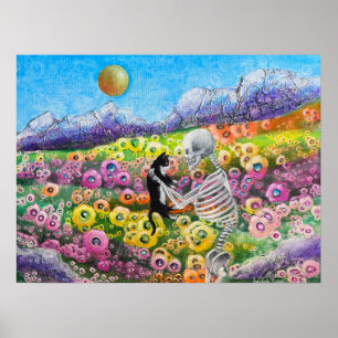 Poster Squelette et Tuxedo Chat en Fleurs Amour