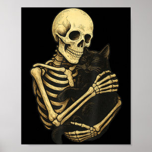 Poster Squelette étreignant un chat noir Halloween drôle
