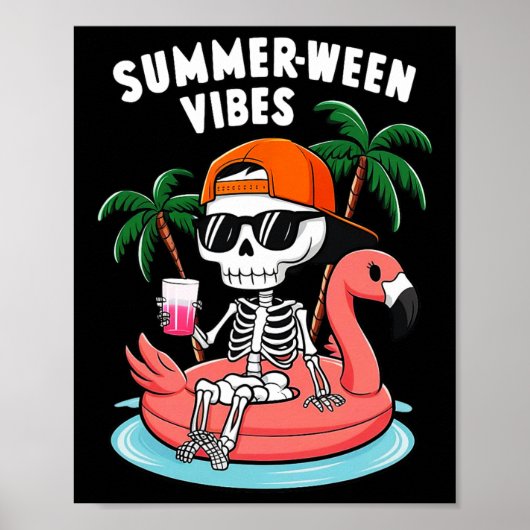 Poster Squelette Flamant rose Summerween Vibes Halloween (Devant)