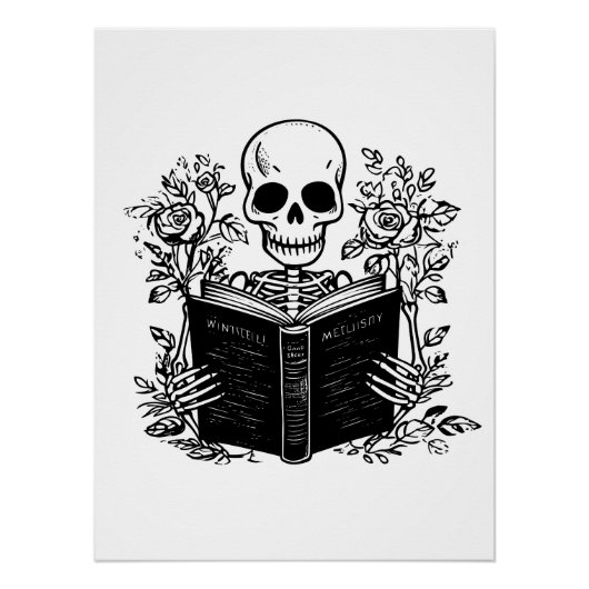 Poster Squelette lecture romantique livre (Devant)