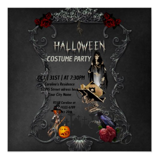 Poster Squelette petite sorcière et corneille (Devant)