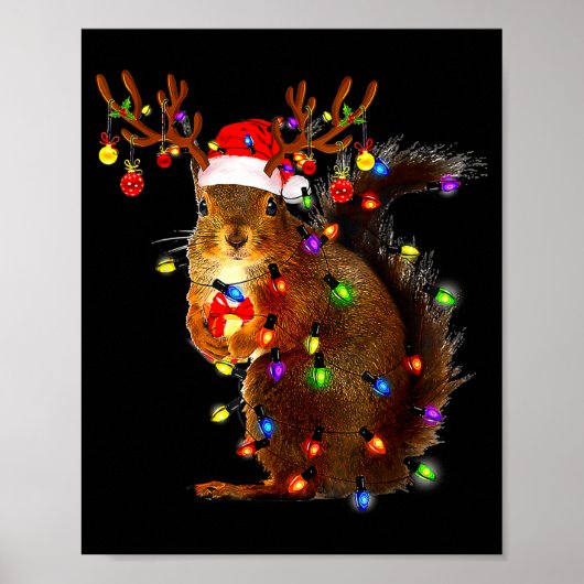 Poster Squirrel Christmas Tree Lights Reindeer Santa Hat  (Devant)