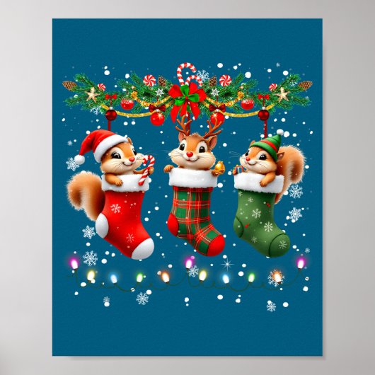Poster Squirrel In Christmas Socks Lights Squirrel Xmas (Devant)