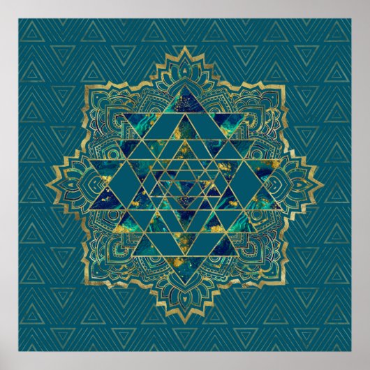 Poster Sri Yantra / Sri Chakra Or, marbre et Turquoise (Devant)