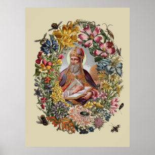 Poster St. Ambroise de Milan avec des fleurs, des abeille