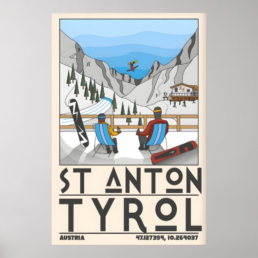 Poster St Anton Tyrol Ski Print, Chalet and Mountain (Devant)