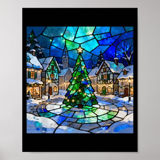 Poster Stained Gl Christmas Tree Winter Village Holiday A (Devant)