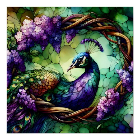 Poster Stained Glass Peacock Floral Wreath Art (Devant)