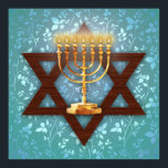 Poster Star de David Gold Menorah sur les vignes Turquois<br><div class="desc">Décrivez cette superbe gravure artistique et offrez-la comme cadeau aux jeunes mariés,  à un bar mitzvah ou à un proche. Le Magen David (Étoile de David) est présenté avec une menorah dorée sur un arrière - plan irisé de vignes turquoises.</div>