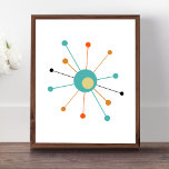 Poster Starburst atomique coloré milieu du siècle moderne<br><div class="desc">Cette affiche moderne colorée du milieu du siècle présente une étoile atomique en bleu turquoise,  deux nuances d'orange,  jaune crème et noir. Amusant !</div>