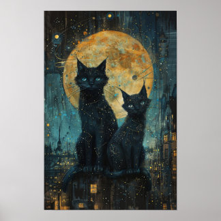 Poster Starry Night Cats : Cosmic City Rooftop Art