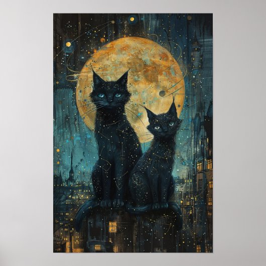 Poster Starry Night Cats : Cosmic City Rooftop Art (Devant)