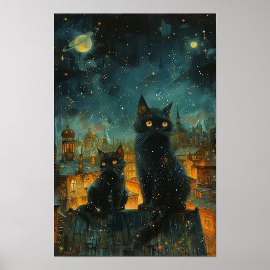 Poster Starry Night Cats : Cosmic City Rooftop Art (Devant)