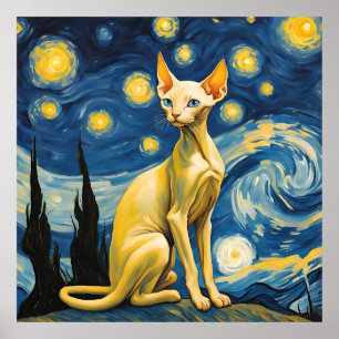 Poster Starry Night Elf Sphinx Chat Van Gogh Art Peinture
