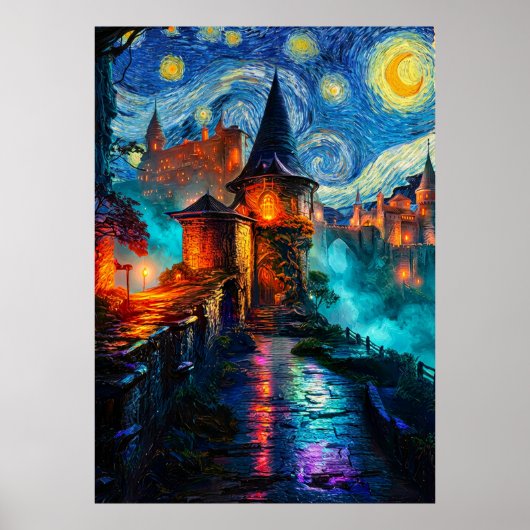 Poster Starry Night Fantasy Castle Magical Oil Painting (Devant)