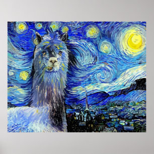 Poster Starry Night Funny Alpaca Paysage Parodie