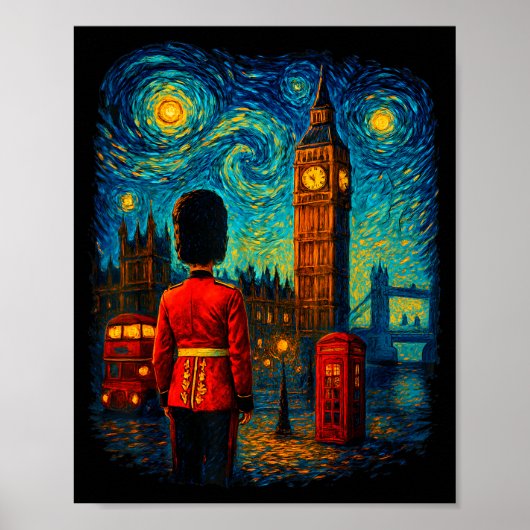 Poster Starry Night London Red Telephone Box Queen's Guar (Devant)