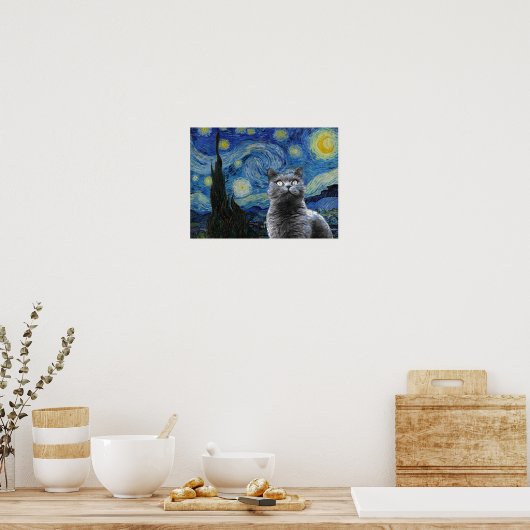 Poster Starry Night Vincent Van Gogh Cute Cat Kitten (Cuisine)
