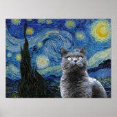 Poster Starry Night Vincent Van Gogh Cute Cat Kitten (Devant)