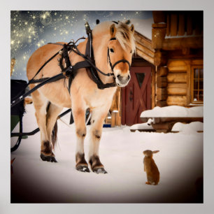 Poster Starry Noël nuit à la ferme avec cheval