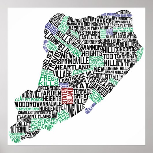 Poster Staten Island Typographic Map, New York City Print (Devant)
