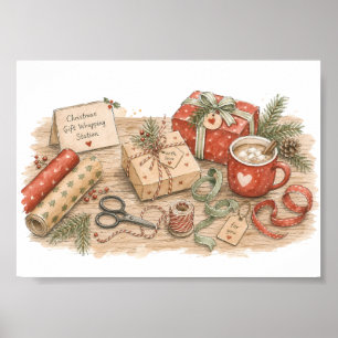 Poster Station d'emballage de cadeaux de Noël pour les va