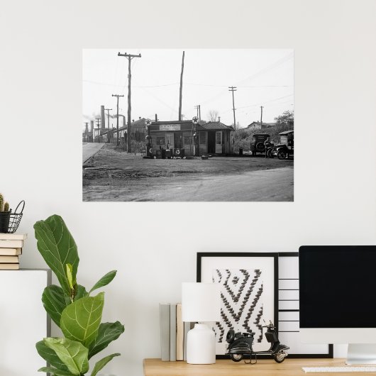 Poster Station-service et voitures 1925 (Bureau à domicile)