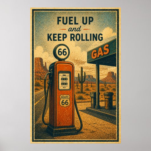 Poster Station-service vintage Route 66 Paysage désertiqu (Devant)