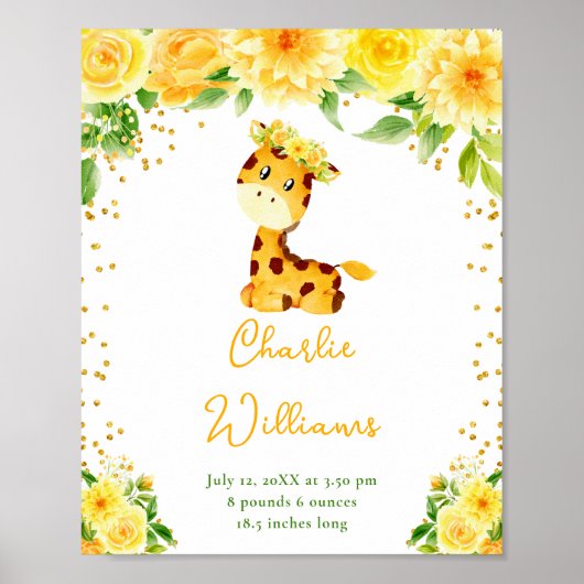 Poster Statistiques de naissance Fleur Jaune Girafe (Devant)