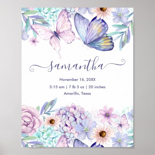 Poster Statistiques de naissance florales papillon fille (Devant)