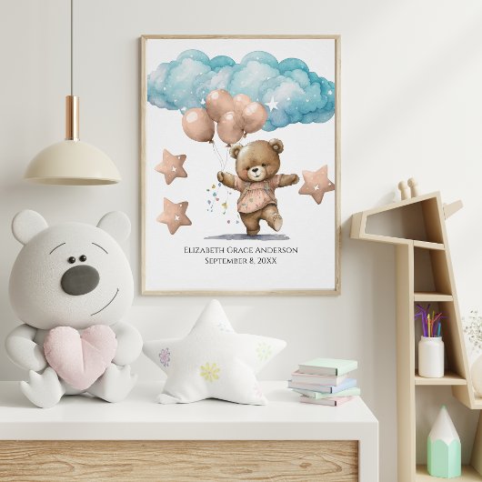 Poster Statistiques de naissance Ours Bébé Rose Nuages Ch