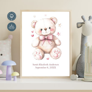 Poster Statistiques de naissance Ourson rose pour bébé fi