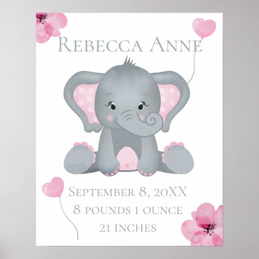 Poster Statistiques de naissance personnalisées Éléphant (Devant)