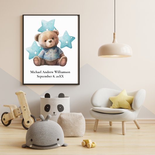 Poster Statistiques de naissance Teddy Ours Bleu Bébé Gar