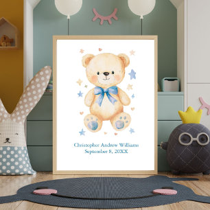 Poster Statistiques de naissance Teddy Ours Bleu Bow Baby