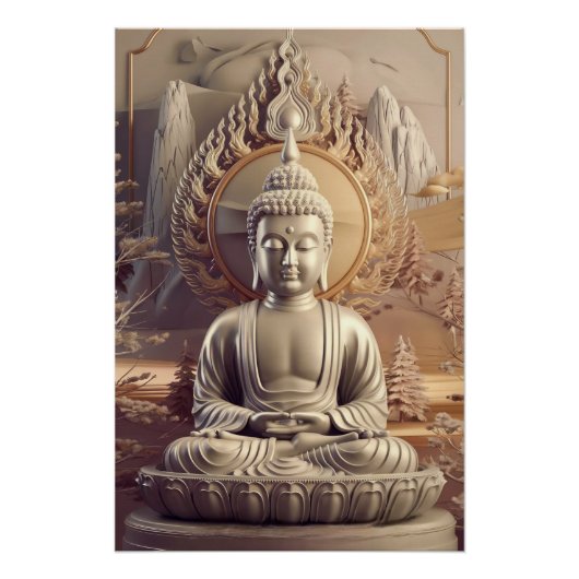Poster Statue de bouddha serène dans paysage paisible 3D (Devant)