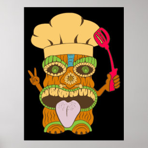 Poster Statue de Chef Tiki avec Spatule, Noir Drôle