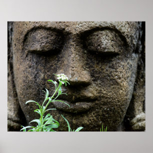 Poster Statue de jardin en pierre avec fleurs