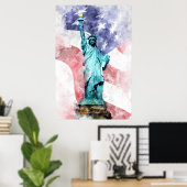 Poster Statue de la Liberté avec aquarelle de drapeau (Bureau à domicile)