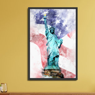 Poster Statue de la Liberté avec aquarelle de drapeau
