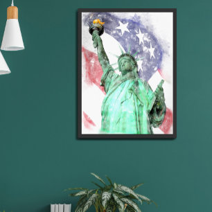 Poster Statue de la Liberté en gros plan avec drapeau à l