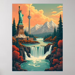 Poster Statue de la Liberté et paysage de la Tour CN