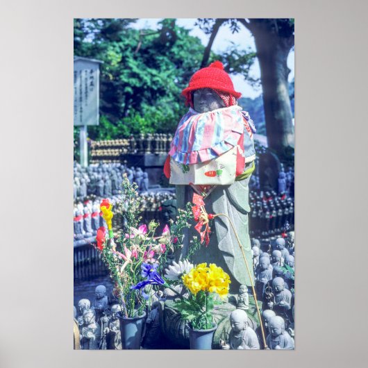 Poster Statue de moine Jizo avec bib et casquette (Devant)