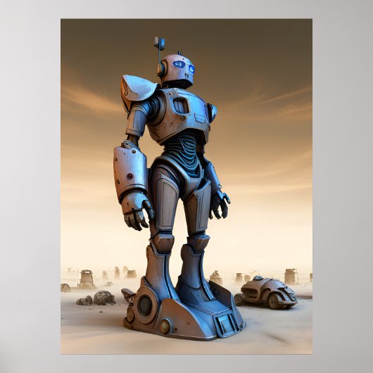 Poster Statue de robot dans un désert de désolation AI (Devant)