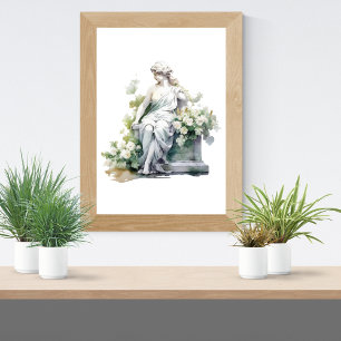 Poster Statue des femmes dans le jardin Aquarelle blanc F
