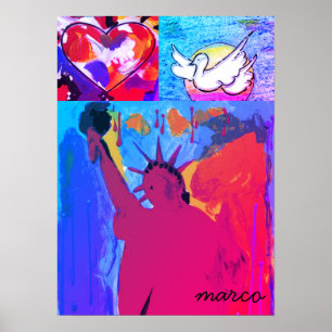 Poster Statue moderne de la liberté Aquarelle coeur rouge